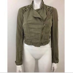 Free People olive green cropped moto jacket. Sz 2.